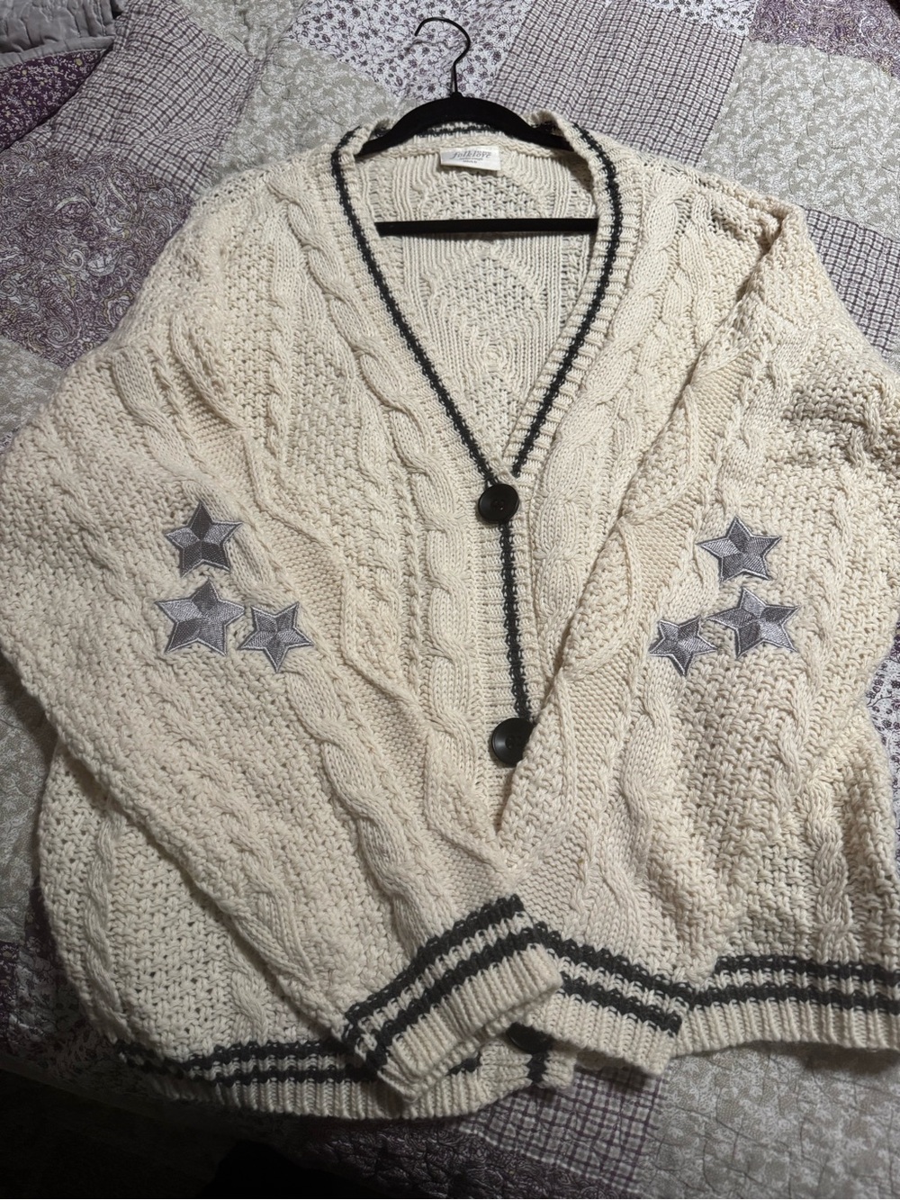 Taylor Swift Cream Cable Knit V-Neck Cardigan with Gray Star Patches